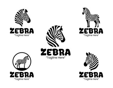 5 modern minimalist zebra logosu seti. Profesyonel markalaşma, memeli otçul illüstrasyonu ve vahşi yaşam temalı şirket kimliği için uygundur..