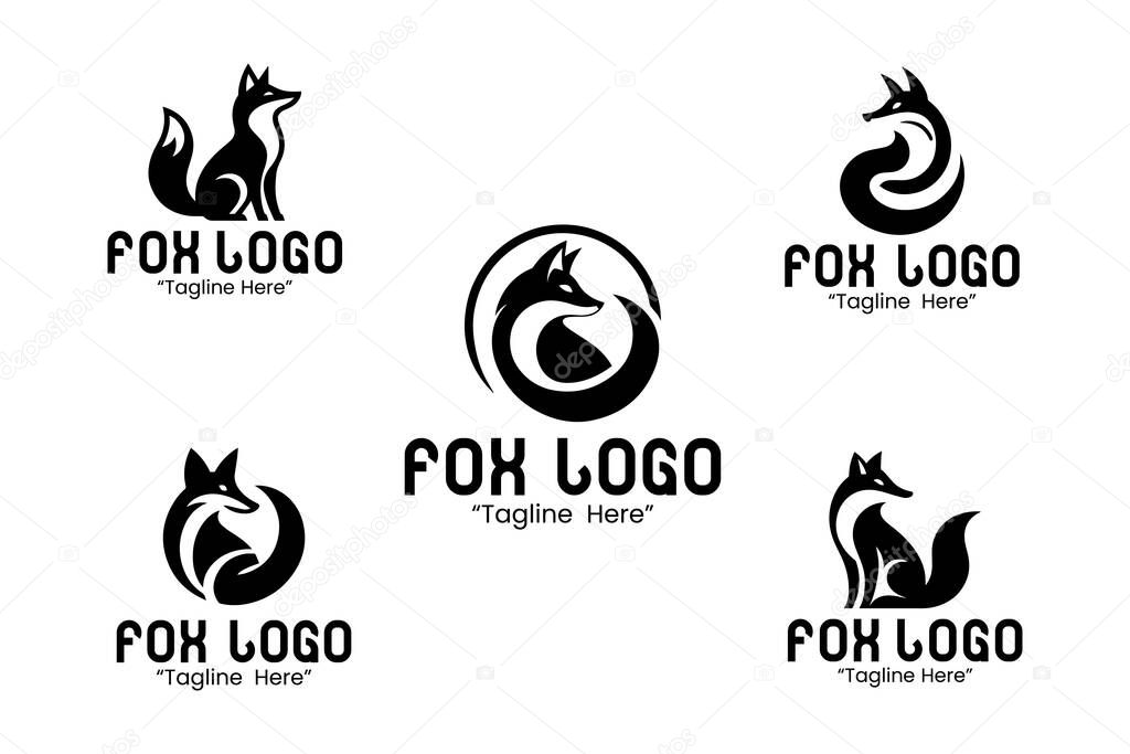 Collection of 5 black and white fox logos in modern minimalist style. Ideal for professional branding, carnivore mammal illustration, and wildlife projects.