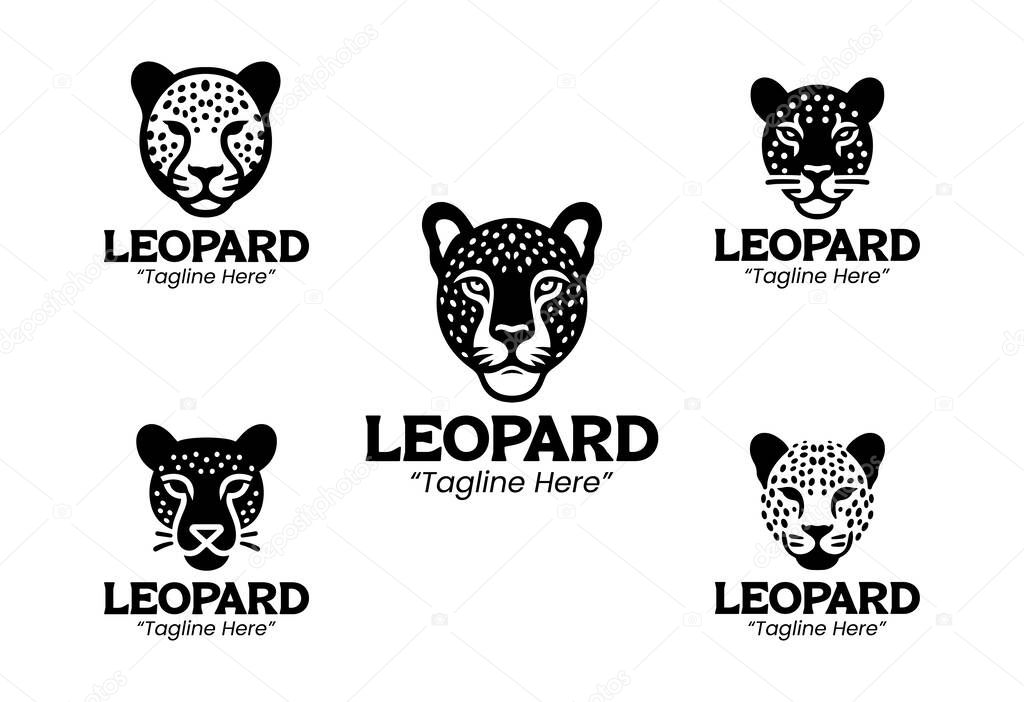 Collection of 5 black and white leopard logos in modern minimalist style. Ideal for professional branding, carnivore mammal illustration, and wildlife projects.