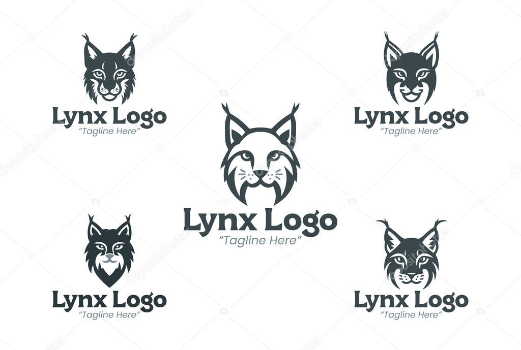 Set of 5 modern minimalist lynx logos. Suitable for professional branding, carnivore mammal illustration, and wildlife-themed corporate identity.