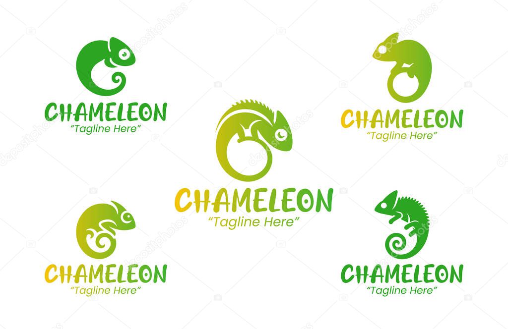 Collection of 5 modern minimalist chameleon logos. Perfect for professional branding, wildlife illustration, and reptile-themed corporate identity.
