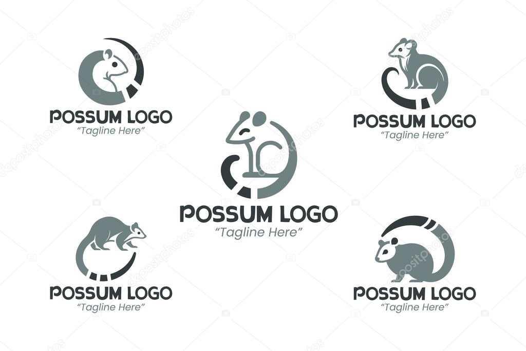 Set of 5 modern minimalist possum logos. Suitable for professional branding, mammal nocturnal illustration, and wildlife-themed corporate identity.