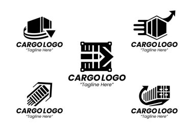 Lojistik, nakliye ve teslimat temalı 5 kargo logosu koleksiyonu. Ulaşım şirketleri, kurye hizmetleri ve dağıtım şirketleri için uygun. Siyah ve Beyaz