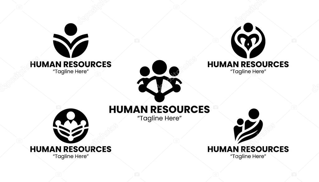 Collection of 5 of five human resources logos with a clean professional style. Ideal for staffing firms, recruitment, and employee management brands. Black and White