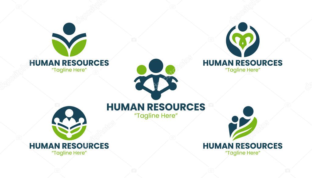 Collection of 5 of five human resources logos with a clean professional style. Ideal for staffing firms, recruitment, and employee management brands.