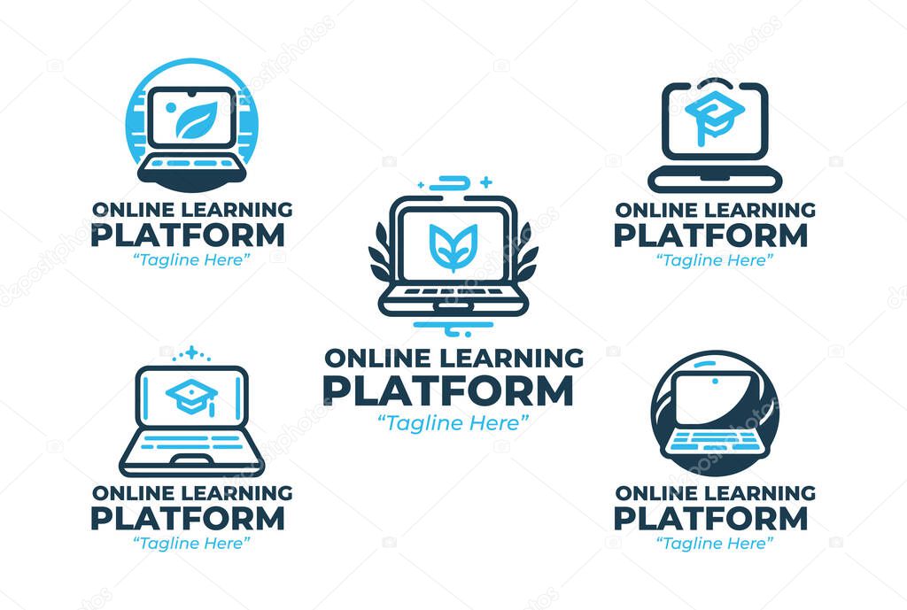 Collection of 5 five online learning platform logos in modern minimalist style. Suitable for online courses, digital schools, and educational branding.