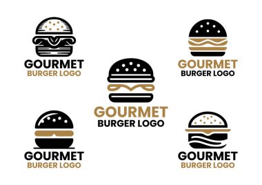 Modern minimalist tarzda 5 gurme burger logosu. Hamburgerciler, hızlı gelişen restoranlar ve yemek işi markaları için mükemmel. Profesyonel şirketler için ideal prim, lezzetli ve şeften esinlenilmiş burger markası kimliği..