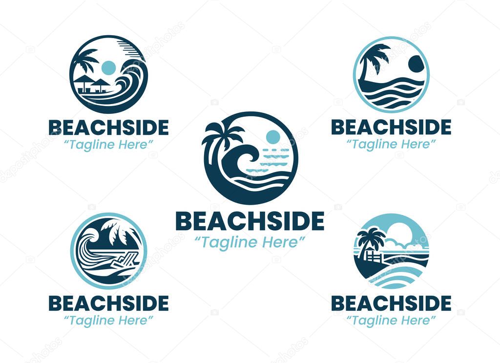 Collection of 5 beachside logos in a modern minimalist style. Perfect for summer events, beach parties, coastal resorts, and tropical lifestyle branding.
