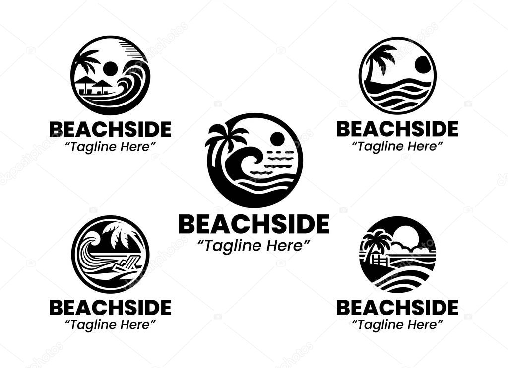 Collection of 5 beachside logos in a modern minimalist style. Perfect for summer events, beach parties, coastal resorts, and tropical lifestyle branding. (Black and White version)