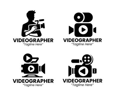 Film üretimi, medya markalaşması, sinematografi ve yaratıcı stüdyo kimliği için uygun 4 modern minimalist video grafik logosu koleksiyonu. Yüksek kontrastlı, çok yönlü markalaşma için siyah beyaz (monokrom) biçimi.