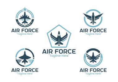 Havacılık ve askeri unsurlar içeren 5 adet hava kuvvetleri logosu, savunma, uçuş akademisi, güvenlik ve uzay markası için ideal..