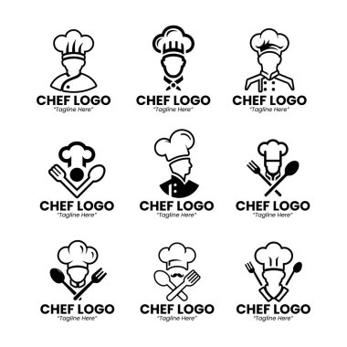 Restoranlar, yemek şirketleri ve aşçılık işleri için 9 profesyonel şef logosu dizaynı. Gıda endüstrisi ve konukseverlik için uygun bir marka. Yüksek kontrastlı, çok yönlü markalaşma için siyah beyaz (monokrom) biçimi.