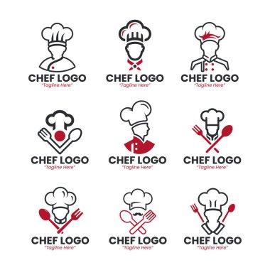Restoranlar, yemek şirketleri ve aşçılık işleri için 9 profesyonel şef logosu dizaynı. Gıda endüstrisi ve konukseverlik için uygun bir marka..