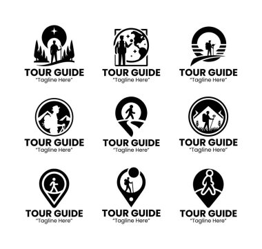 Seyahat acenteleri, turizm şirketleri ve macera şirketleri için uygun 9 profesyonel tur rehberi logosundan oluşan bir paket. Yüksek kontrastlı, çok yönlü markalaşma için siyah beyaz (monokrom) biçimi.