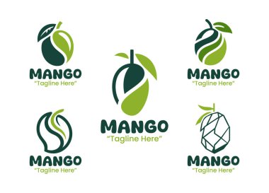 Markalaşma, ambalaj ve kimlik projeleri için uygun 5 mango logosu seti tropikal meyve amblemi koleksiyonu.