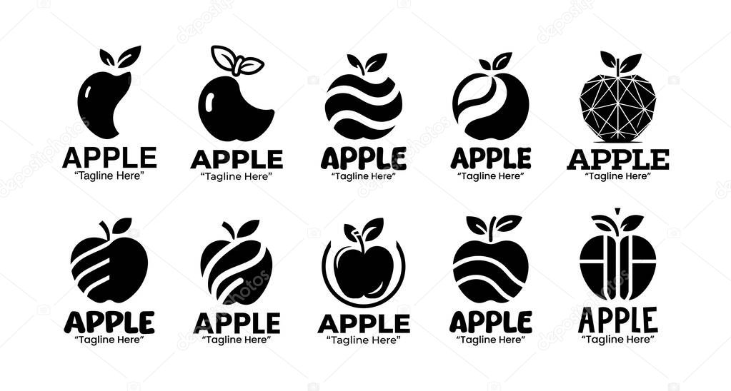 A collection of 10 apple logo set professional fruit branding logo collection suitable for branding, packaging, and identity projects. Presented in black and white silhouette style for versatile branding applications.