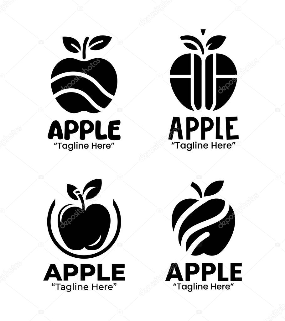 A collection of 4 green apple logo set fresh fruit branding logo collection suitable for branding, packaging, and identity projects. Presented in black and white silhouette style for versatile branding applications.
