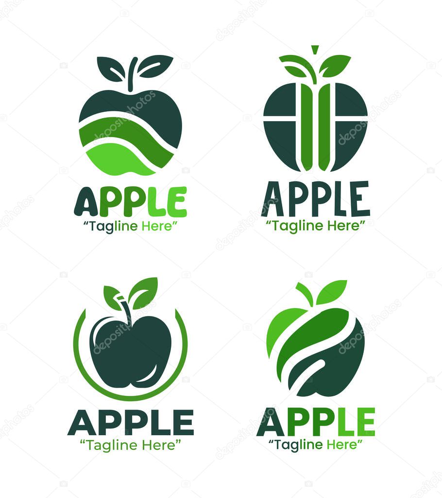 A collection of 4 green apple logo set fresh fruit branding logo collection suitable for branding, packaging, and identity projects.
