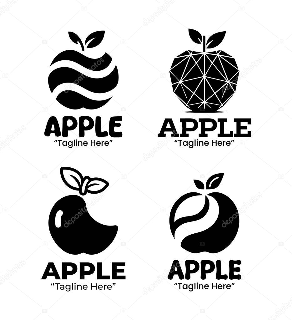 A collection of 4 red apple logo set classic fruit branding logo collection suitable for branding, packaging, and identity projects. Presented in black and white silhouette style for versatile branding applications.