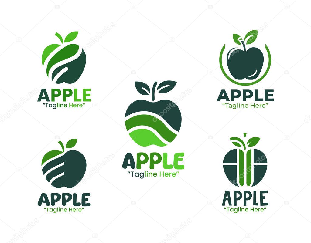 A collection of 5 green apple logo set fresh fruit branding logo collection suitable for branding, packaging, and identity projects.