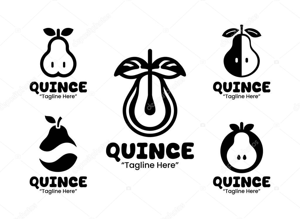 A collection of 5 quince logo set exotic fruit branding logo collection suitable for branding, packaging, and identity projects. Presented in black and white silhouette style for versatile branding applications.