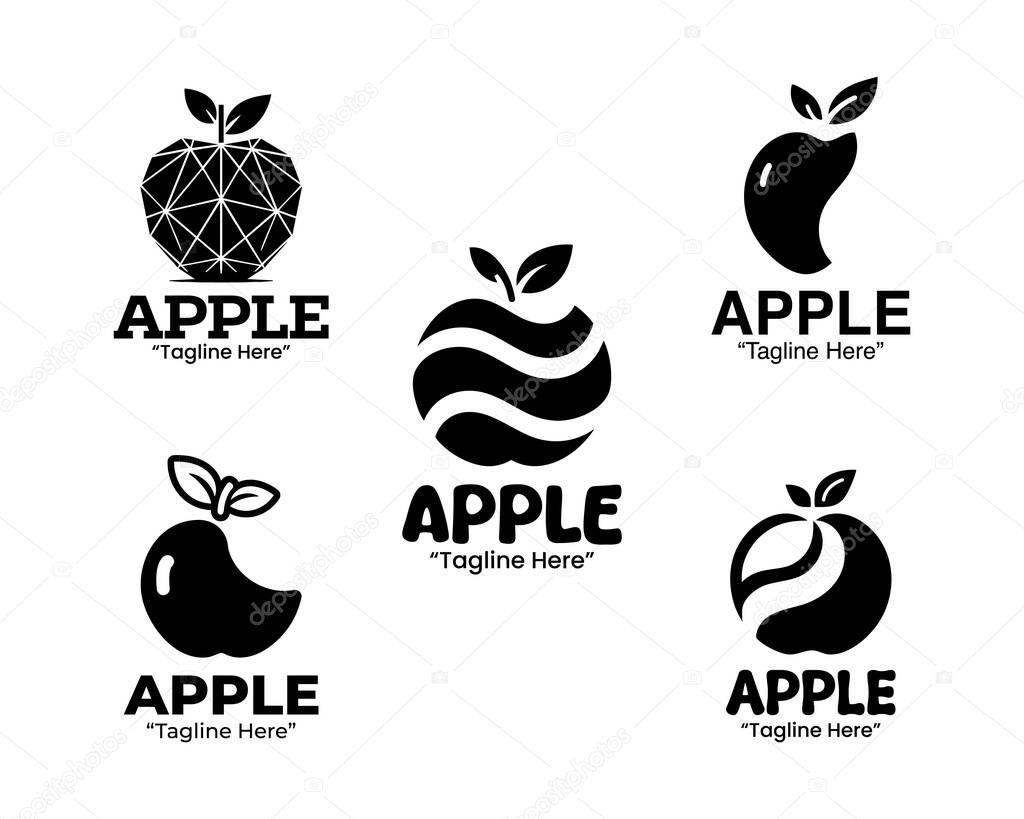 A collection of 5 red apple logo set classic fruit branding logo collection suitable for branding, packaging, and identity projects. Presented in black and white silhouette style for versatile branding applications.