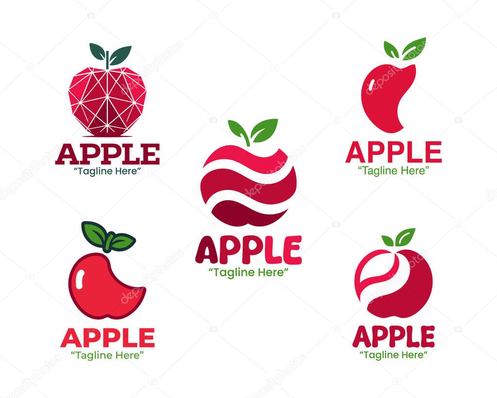 A collection of 5 red apple logo set classic fruit branding logo collection suitable for branding, packaging, and identity projects.