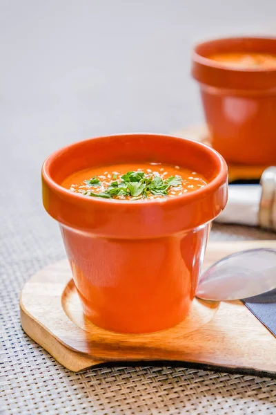 Tomato puree soup with parsley in a small bucket, copy space
