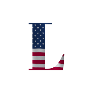 Büyük harf L Amerikan bayrağının tasarımını kullanarak oluşmuştur; kırmızı ve beyaz çizgiler, beyaz yıldızlı mavi alan. Bayrak kumaşı hafif desenli görünüyor..