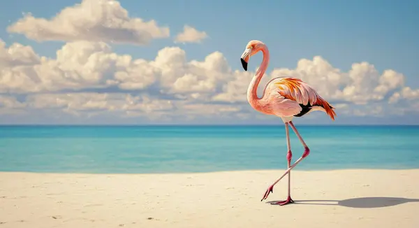 Kumsalda bir flamingo, Karayip denizi, Meksika.