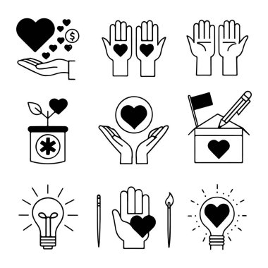 Charity and Care Icon Set Hands, Hearts, Help, and Hope Symbols