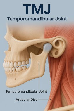 TMJ - human head anatomy with title : joint and inflammation of human