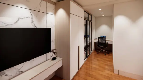 Beyaz ve siyah duvarları ve gri zemini olan modern oturma odası, duvarında bilgisayar ve televizyon, bir lamba ve beyaz bir duvar var.