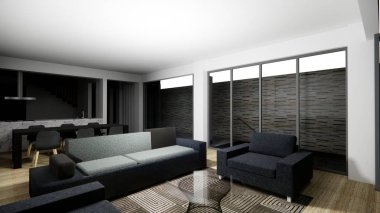 Koyu renkli bir oturma odası, gri bir kanepesi, kahve masası.