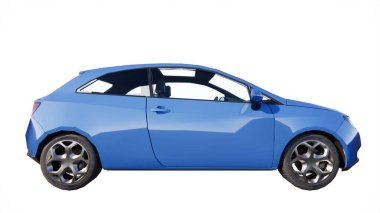 Aile bedeni olan mavi kompakt şehir arabası. üç boyutlu görüntüleme