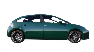 Beyaz arka planda güzel bir gölgesi olan yeşil bir araba.