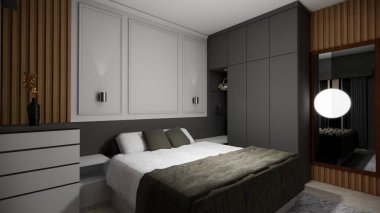 Ahşap gardıroplu modern yatak odasının iç tasarımı