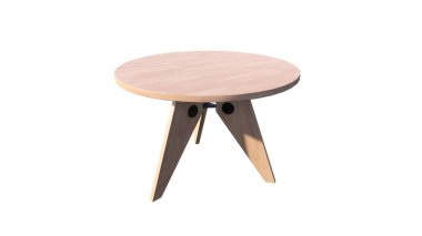 Beyaz arka planda metal dışkısı olan ahşap masa. 3 Boyutlu Hazırlama