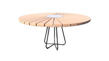 Beyaz sandalyeli ve ahşap kaplamalı modern masa