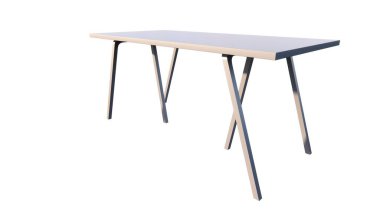 Beyaz arka planda beyaz ve mavi sandalyeli modern ahşap masa.