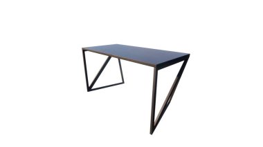 Beyaz arka planda izole edilmiş siyah metal bacaklı modern masa.