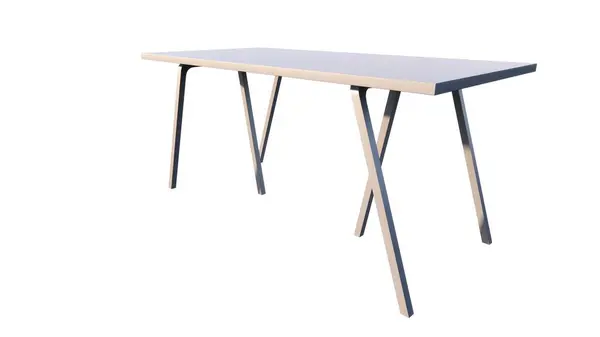 Beyaz arka planda beyaz ve mavi sandalyeli modern ahşap masa.