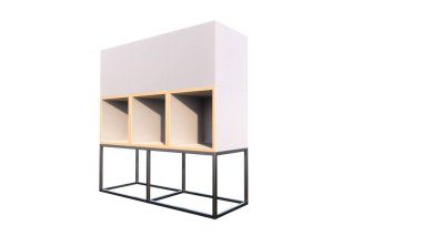 Beyaz duvarlı boş ahşap bir raf. izole edilmiş 3d