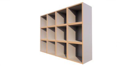 beyaz zemin üzerine ahşap raflar