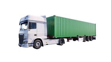 Karavanı, karavanı, karavanı olan büyük bir kargo kamyonu. Toplu mallar ve ürünler izole edilmiş. 3d oluşturma