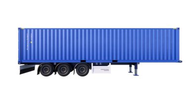 Beyaz arka planda mavi römorklu büyük konteynır