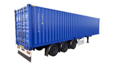 Beyaz arka planda karavanı olan mavi bir kamyonun üç boyutlu resmi.