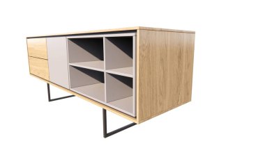 Beyaz arkaplanda boş ahşap raflar var. kopyalama alanı, 3d illüstrasyon