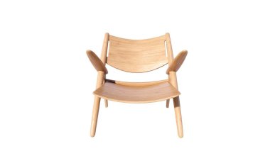 beyaz arka planda modern ahşap sandalye 3 boyutlu.