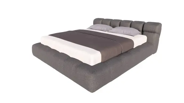 Beyaz arka planda yastığı olan modern bir yatağın 3 boyutlu görüntüsü.